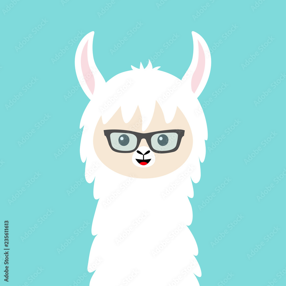 Alpaca llama animal face in sun glasses. Cute cartoon kawaii smiling funny character. T-shirt, greeting card, poster print. Childish baby collection. Flat design. Blue background. Alpaca llama animal face in sun glasses. Cute cartoon kawaii smiling funny character. T-shirt, greeting card, poster print. Childish baby collection. Flat design. Blue background.