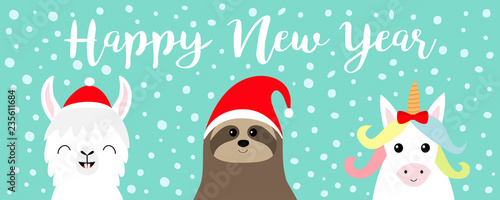 Happy New Year. Llama alpaca, sloth face set. Red Santa hat. Snow flake. Merry Christmas. Cute cartoon funny kawaii character. Greeting card, poster, banner print. Flat design. Blue background.