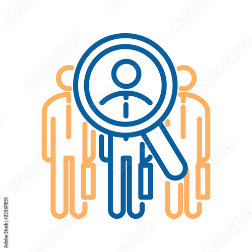 Vector trendy thin line icon with 3 business men and a glass magnifier analyzing one of them. For concepts of job recruitment,success, professional opportunities searching, talent and human resources