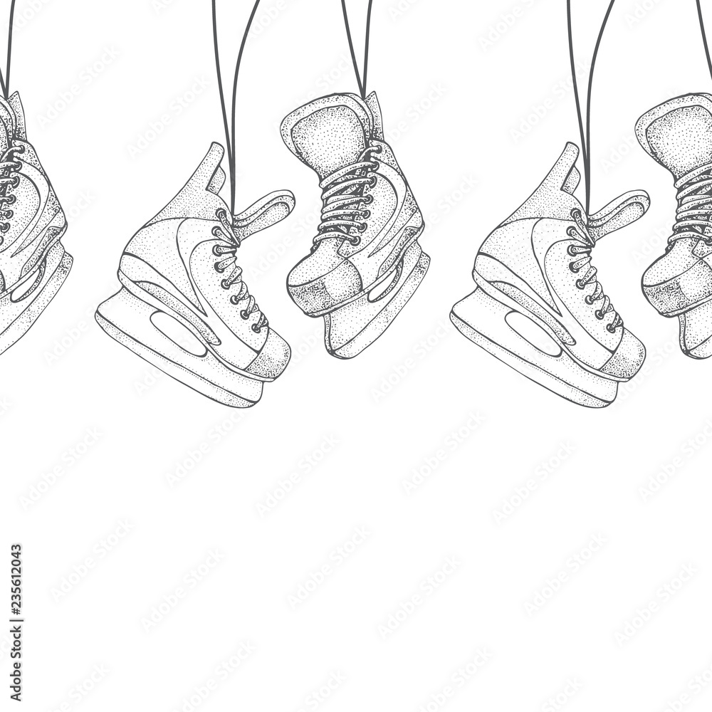 Naklejka premium Winter holidays seamless pattern with ice skates cartoon sketch. Ice hockey skates. Hand drawn vector illustration isolated on white background...