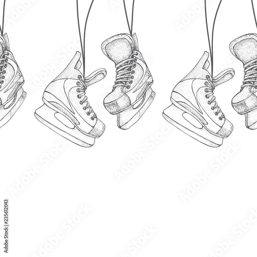 Winter holidays seamless pattern with ice skates cartoon sketch. Ice hockey skates. Hand drawn vector illustration isolated on white background...