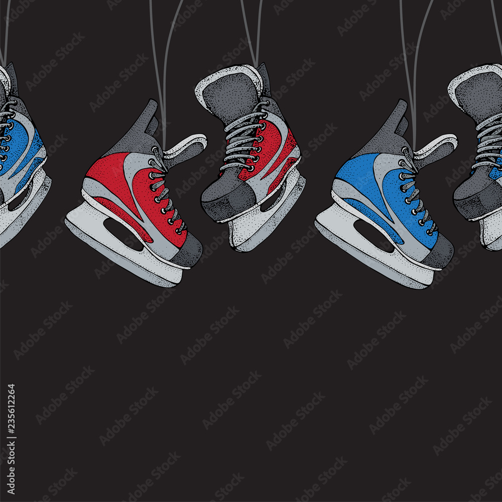 Naklejka premium Winter holidays seamless pattern with ice skates cartoon sketch. Ice hockey skates. Hand drawn vector illustration isolated on black background.