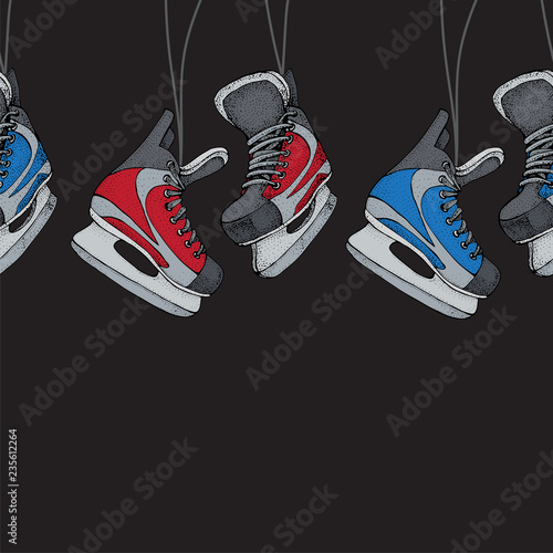Winter holidays seamless pattern with ice skates cartoon sketch. Ice hockey skates. Hand drawn vector illustration isolated on black background.