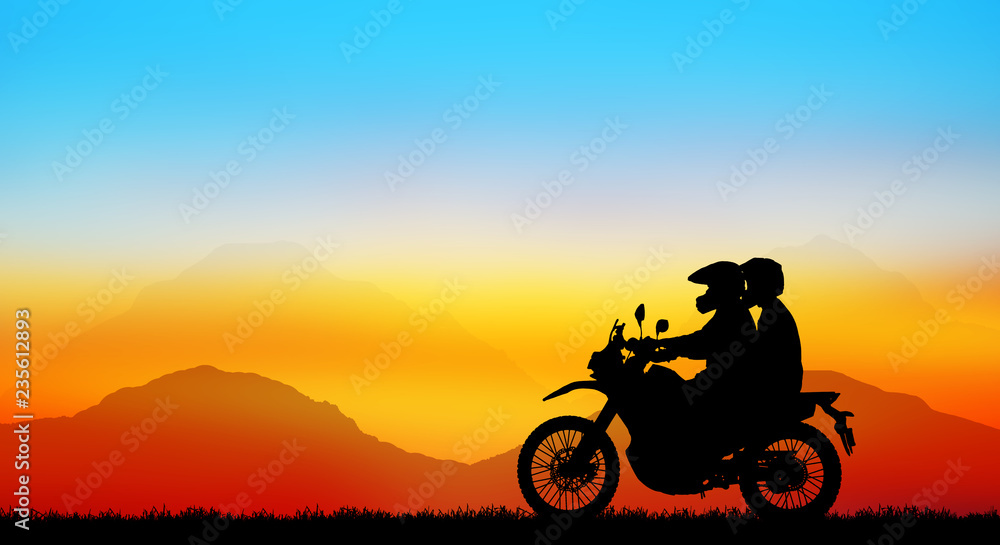Fototapeta premium silhouette of lover couple in sunset with classic motorcycle