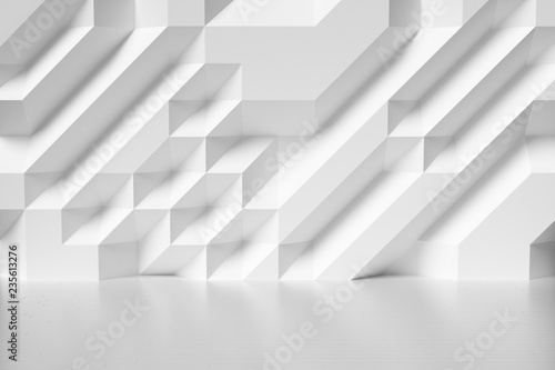 Abstract white wall in room with parquet floor, colorless.