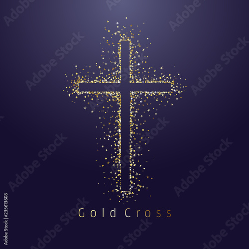 Gold shining cross logotype. Emblem of religious event. Greeting card with glitter and sparkles on dark night background. Isolated tradition glorious miracle symbol, abstract graphic design template.