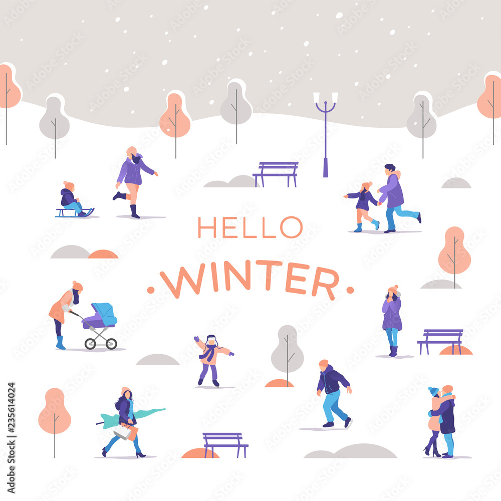 Winter time. People a strolling in the city park. Outdoor activities. Vector illustration.