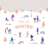 Winter time. People a strolling in the city park. Outdoor activities. Vector illustration.