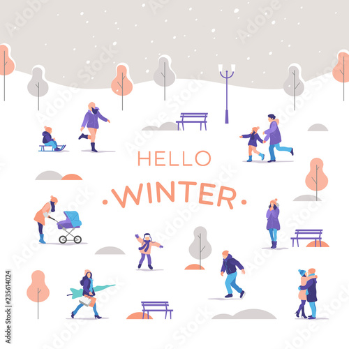 Winter time. People a strolling in the city park. Outdoor activities. Vector illustration.