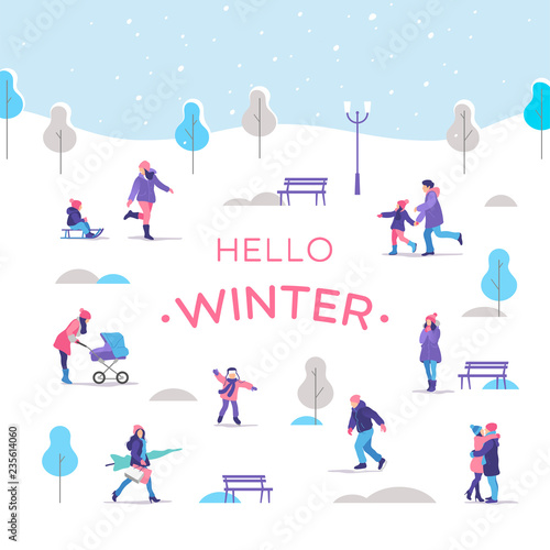 Winter time. People a strolling in the city park. Outdoor activities. Vector illustration.