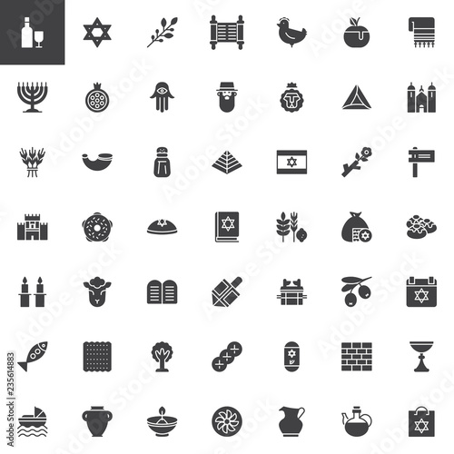 Judaism vector icons set, modern solid symbol collection, filled style pictogram pack. Signs, logo illustration. Set includes icons as  Magen david star, Hebrew olives, Jewish Torah, Hanukkah menorah
