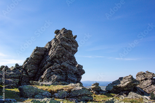 Stones of the Northern Ural. Taiga. Large boulders and stone remnants of the oldest mountains on the planet.