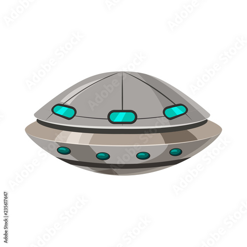 Ufo flying spaceship isolated on white cartoon style. Alien transport futuristic. Vector illustration, baner, poster