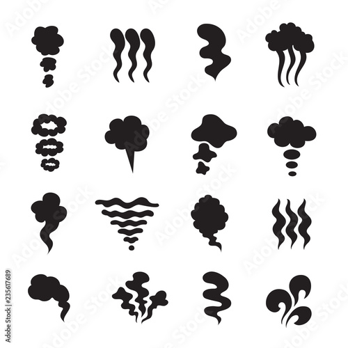 Steam icons. Vapor smoke smell symbols. Heat and stink, smell isolated vector set. Illustration of smell and fume, scent and odour