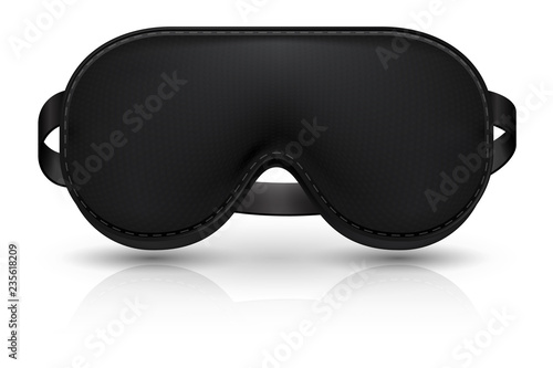 Black blindfold. Realistic sleeping mask for plane relax. Cover on eyes vector illustration. Sleep mask for eyes, relaxation and protection
