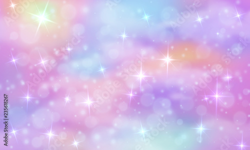 Unicorn fantasy background. Rainbow sky with glittering stars. Abstract galaxy, mermaid princess marble vector magic texture. Universe cosmic holographic pattern illustration
