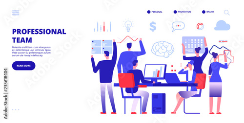 Profession team. Employees work in office. Company business teamwork banner. Multitasking marketing vector banner. Team characters, teamwork brainstorming, office work illustration