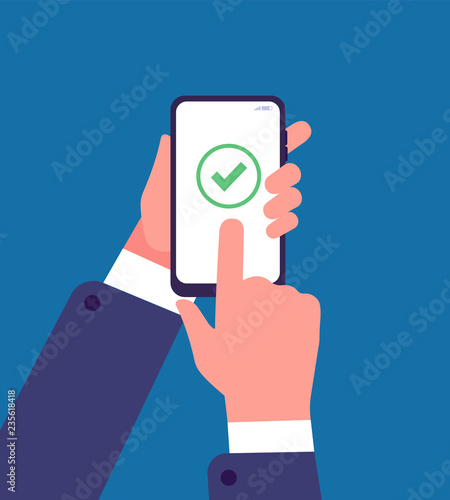 Green check mark on smartphone screen. Online survey, questionnaire web application. Success payment vector concept. Smartphone mobile with check tick mark illustration