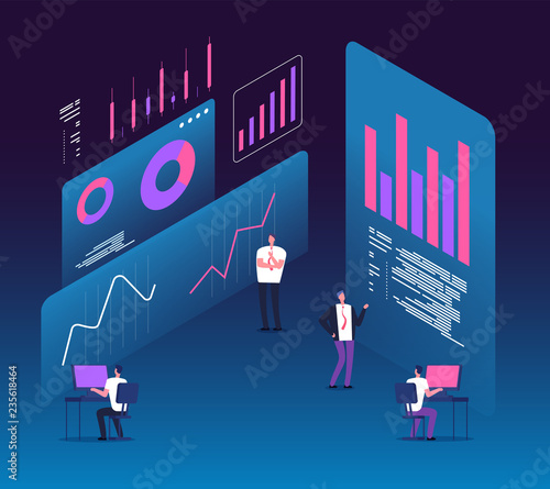 Investment strategy isometric concept. People with analytics data diagrams. Digital business technology marketing 3d vector design. Research data and infographic, financial diagram illustration