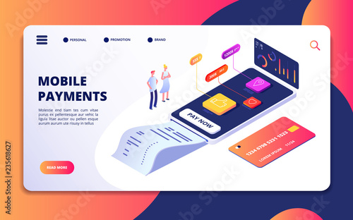 Online payment isometric concept. Banking shopping mobile phone app. Credit card protection, internet paying buying vector banner. Mobile phone app for payment, smartphone banking pay illustration