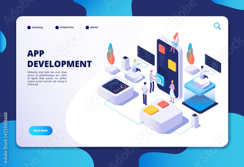 App development concept. Developer designer work on smartphone mobile application. Customized ui design isometric vector infographic. App development designer, project and programming illustration