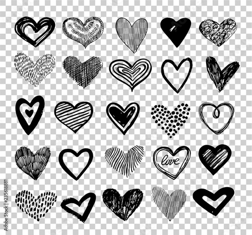 Doodle hearts. Hand drawn love heart icons. Scribble sketch valentine grunge hearts vector elements isolated on transparent background. Black heart sketchy for valentine dat illustration
