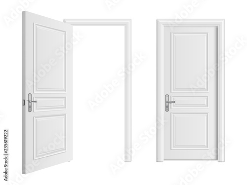 Open and closed white entrance realistic door isolated on white background. Door to house or room, enter doorway closed illustration