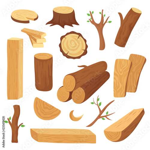 Wood log and trunk. Cartoon wooden lumber, plank. Forestry construction materials vector isolated set. Wood timber, wooden material illustration
