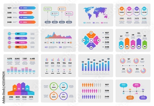 Business presentation charts. Financial report with graphs diagrams, marketing flowcharts progress bar. Vector infographics template. Illustration of infographic business, diagram and map world