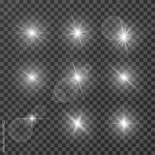 Lens effects. Camera flash light, flare. White light spot glowing sparkles, starlight isolated on transparent background vector set. Illustration of sparkle glow, flash star shine, bright lens