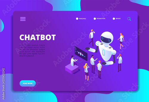 Chatbot isometric concept. Bot chatting with people. Artificial intelligence conversation future technology vector landing page. Development robot for support, virtual ai isometry illustration