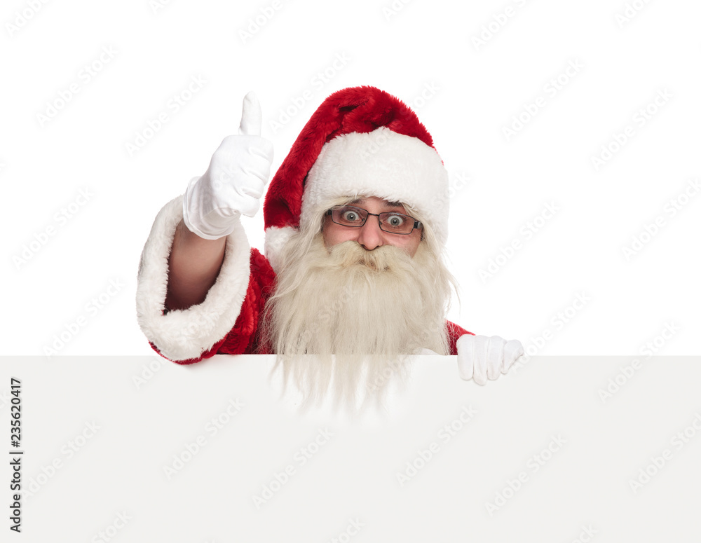 Naklejka premium old saint nick holds empty billboard and makes ok sign