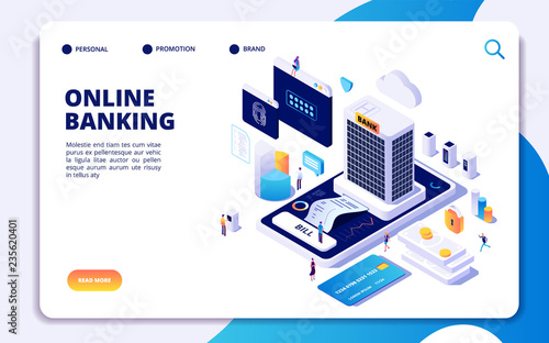 Online banking isometric landing page. Internet money transfers, secure payment smartphone paying protection. Banking vector concept. Illustration of banking payment isometric, online pay smartphone