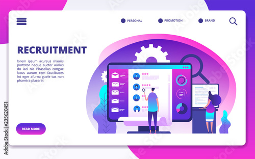 Recruitment concept. Hire workers, choice employers search team for job. Recruiter people working on hr resume. Vector landing page. Illustration of choose employer, recruitment and hire