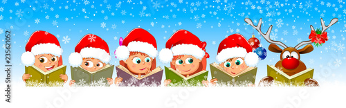 Children and reindeer read books for Christmas