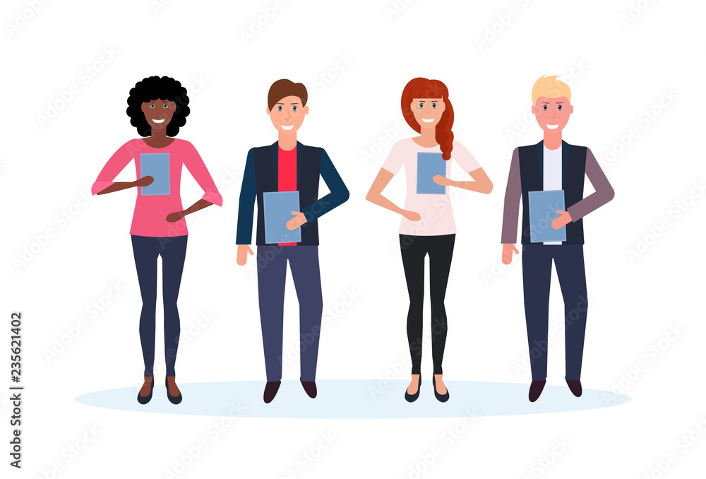 mix race business people holding folder standing together happy man woman office workers male female cartoon character full length isolated flat horizontal