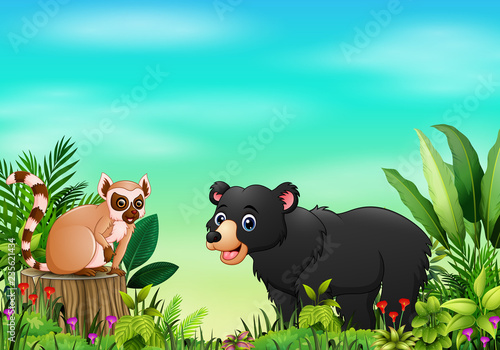 Nature scene with a lemur sitting on tree stump and bear