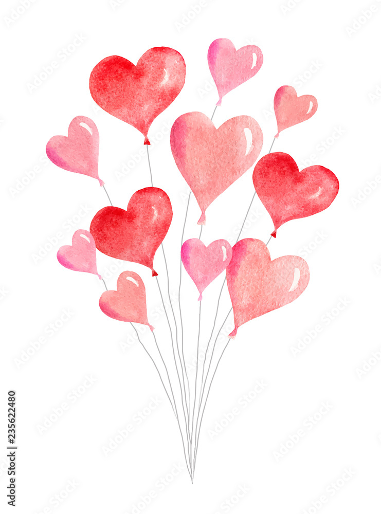 Watercolor vector card with flying balloons in the form of hearts.