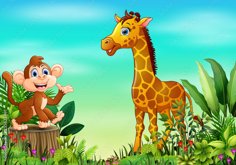 Nature scene with a monkey sitting on tree stump and giraffe Nature scene with a monkey sitting on tree stump and giraffe