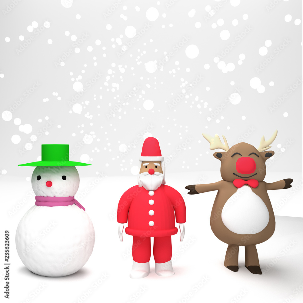 christmas and new year snow concept Xmas or christmas party. reindeer,snowman and santa in winter ,3D rendering christmas and new year snow concept Xmas or christmas party. reindeer,snowman and santa in winter ,3D rendering