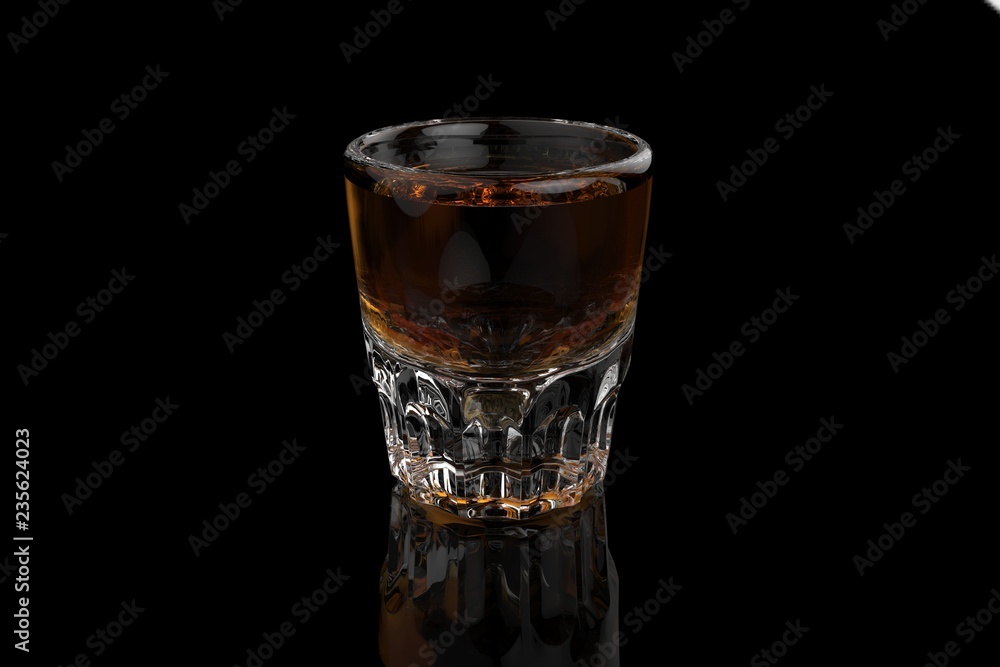 Single whiskey vodka shot glass on black background with reflections and refractions. 3D render