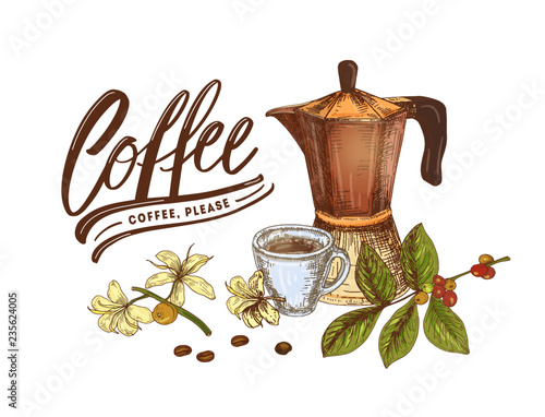 Decorative composition with moka pot, cup, branch of coffee plant, beans and elegant lettering isolated on white background