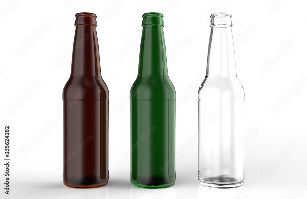 Glass transparent beer bottles mock up on white gray background with shadows and reflections. 3d render Glass transparent beer bottles mock up on white gray background with shadows and reflections. 3d render