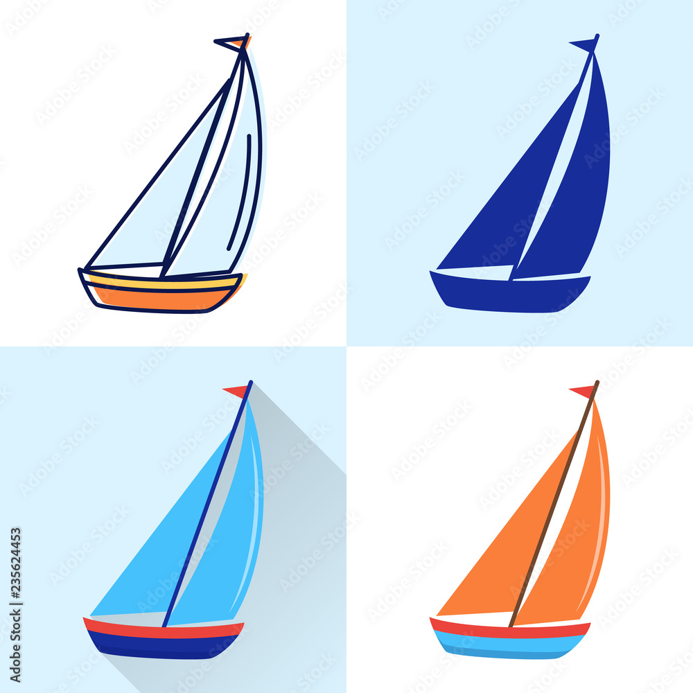 Sailing yacht ship icon set in flat and line styles
