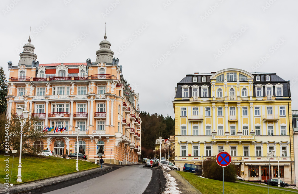 Hotel Hvezda-Imperial-Neapol. Spa center of small west Bohemian spa town Marianske Lazne (Marienbad) in winter - Czech Republic