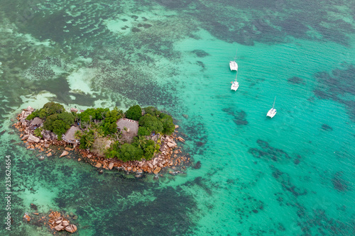 Aerial view of the small island Chauve Souris near Praslin, Seychelles in the Indian Ocean.
