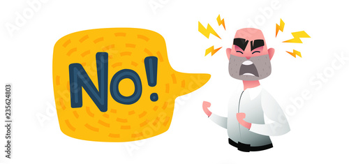 Illustation of No furious screaming character. Speech balloon with scream exclemation. Anger, rage, nervous breakdown at work. Сartoon flat style