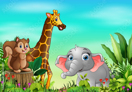 Animal cartoons in beautiful gardens with a blue sky