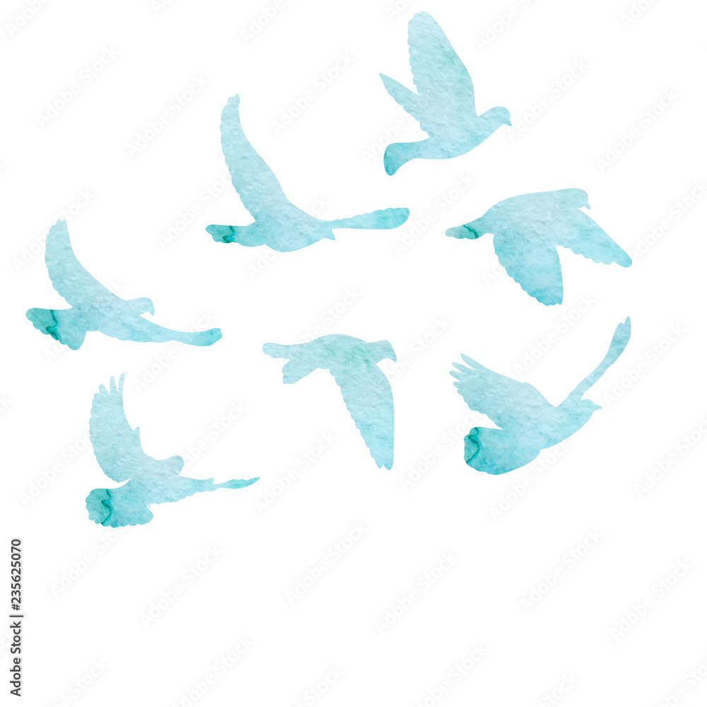 Obraz isolated, flock of flying birds, watercolor blue silhouette