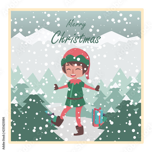 Greeting with happy elf and snowy background